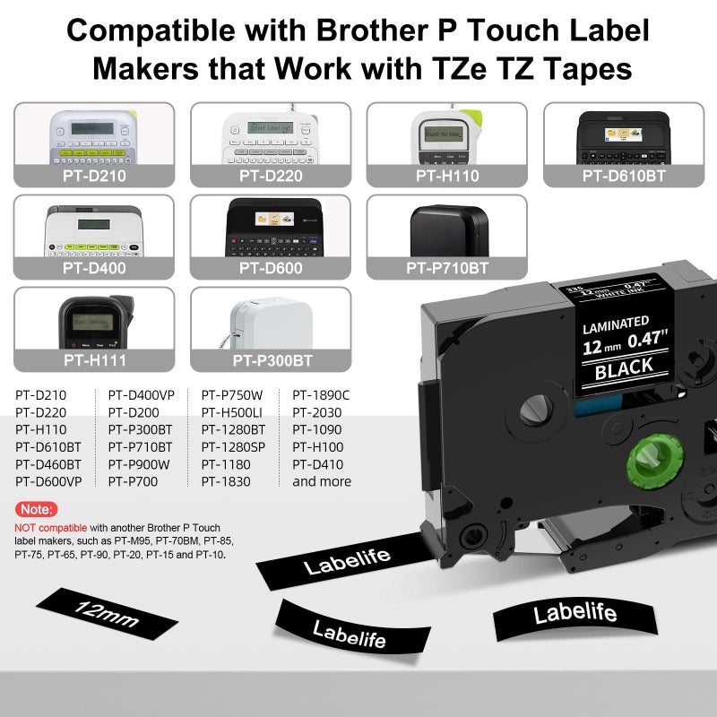 Labelife Label Maker Tape Black Replacement for Brother TZe-335 TZe335 P Touch Label Tape White on Black TZe TZ 12mm 0.47 Laminated for Brother PT-D210 PT-D220 PT-H110 PT-D400 PT-D600, 4-Pack - Image 2